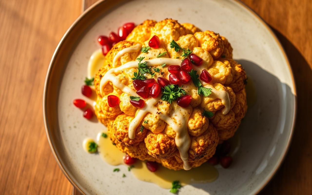 Recipe: Whole Roasted Cauliflower with Tahini, Pomegranate, and Herbs